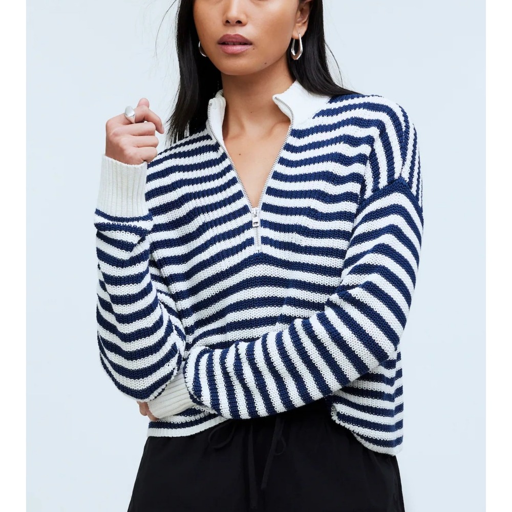 Madewell Striped Half-Zip Sweater M Navy White 100% Cotton Coastal Preppy NWT